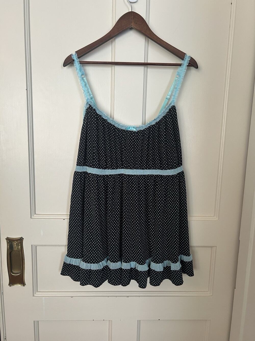 Cacique Polka Dot Babydoll Chemise Womens Size 22/24 Black Blue Romantic